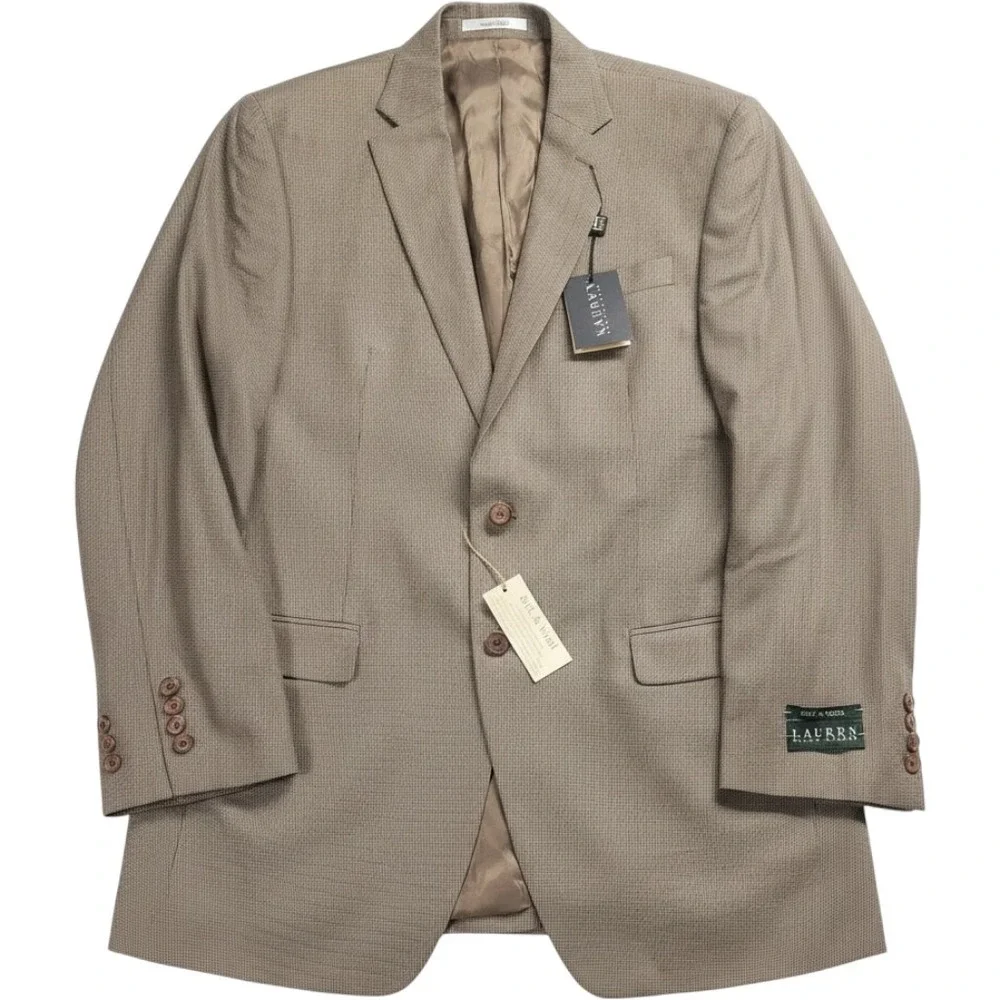 Lauren Ralph Lauren Mens Silk Wool Blend Sport Coat Blazer Tan Brown Houndstooth